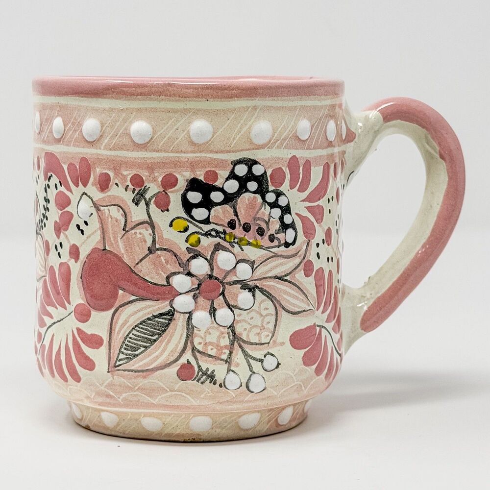Signed Talavera Pottery Mug Pink Floral Puebla Mexico Butterfly